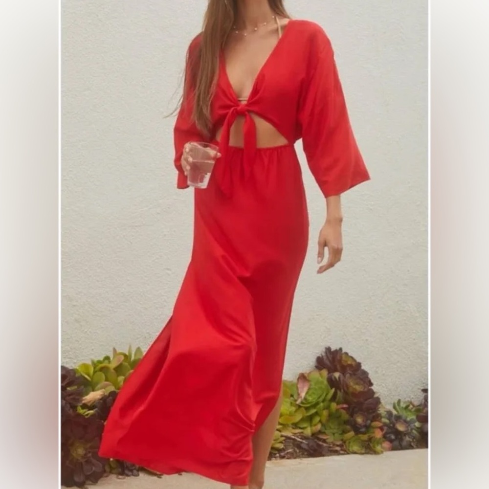 By Anthropologie Red Tie-Front Beach Dress